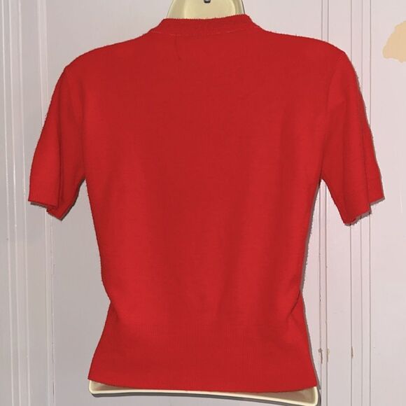 Vintage 60s Bright Red Short Sleeve Mock Turtleneck Polyester Cropped Sweater - Picture 8 of 8